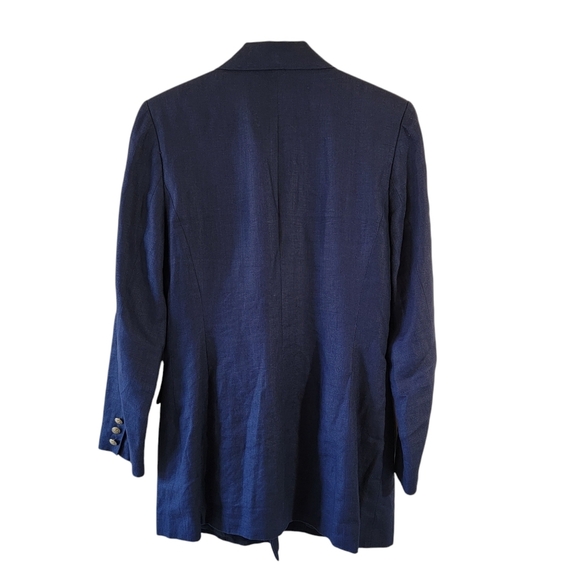 VTG Stanley Blacker Women Navy Blue 100% Linen Double Breasted Blazer 6 Crest - Picture 2 of 12